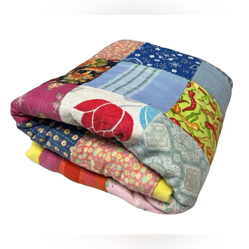 VTG 48.5x36” Folk Patchwork Boho Quilt Colorful Retro Grandma Handmade OOAK